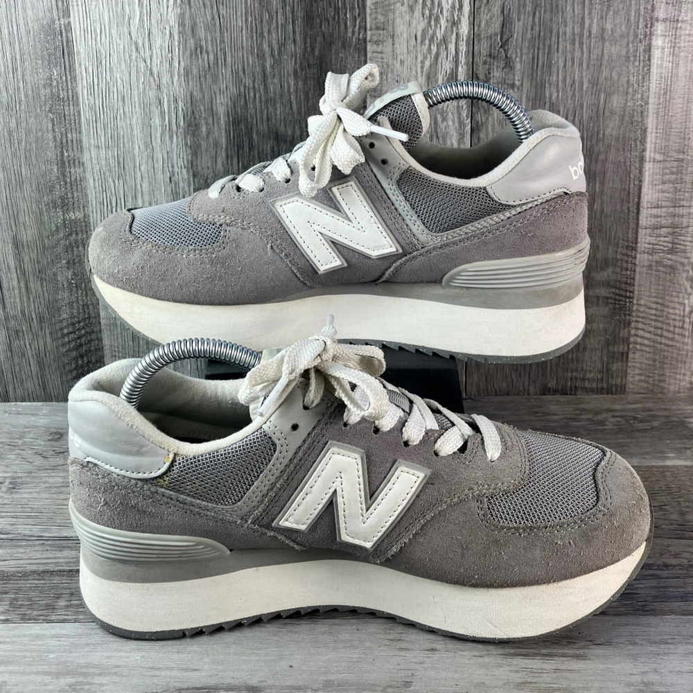 New Balance 574+ Platform Grey White Suede Sneakers WL574ZSD Womens 9.5 - Picture 2 of 7